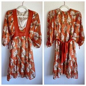 Anthropologie Moulinette Soeurs Burnt Orange Silk Chiffon Kimono Style Dress 0